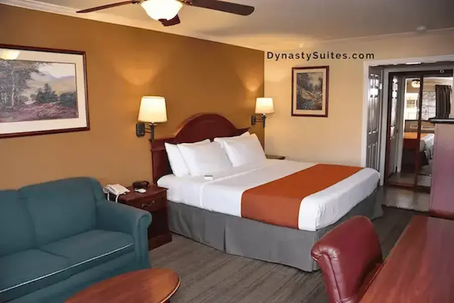 Actual Deluxe King guest room at Dynasty Suites Redlands